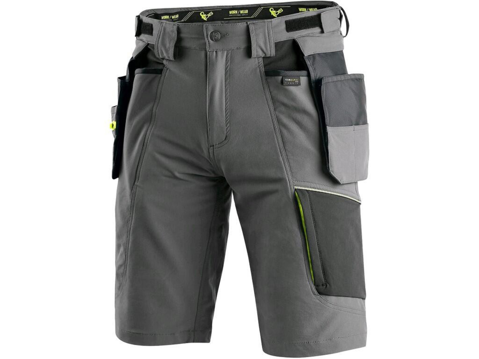 Strečové montérkové šortky CXS Naos s reflexnými doplnkami - veľkosť: 54, farba: sivá/HV žltá