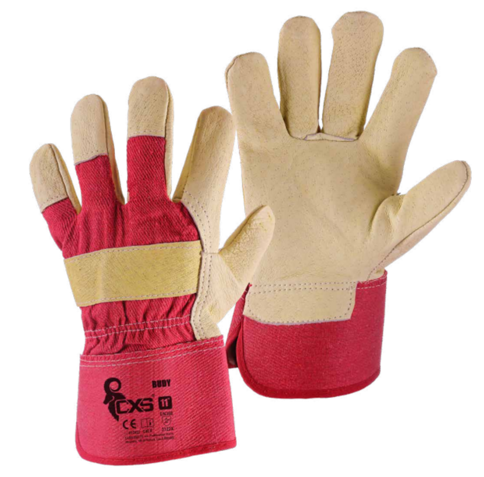 Kombinované pracovné rukavice CXS Budy - veľkosť: 11/XXL, farba: béžová/červená