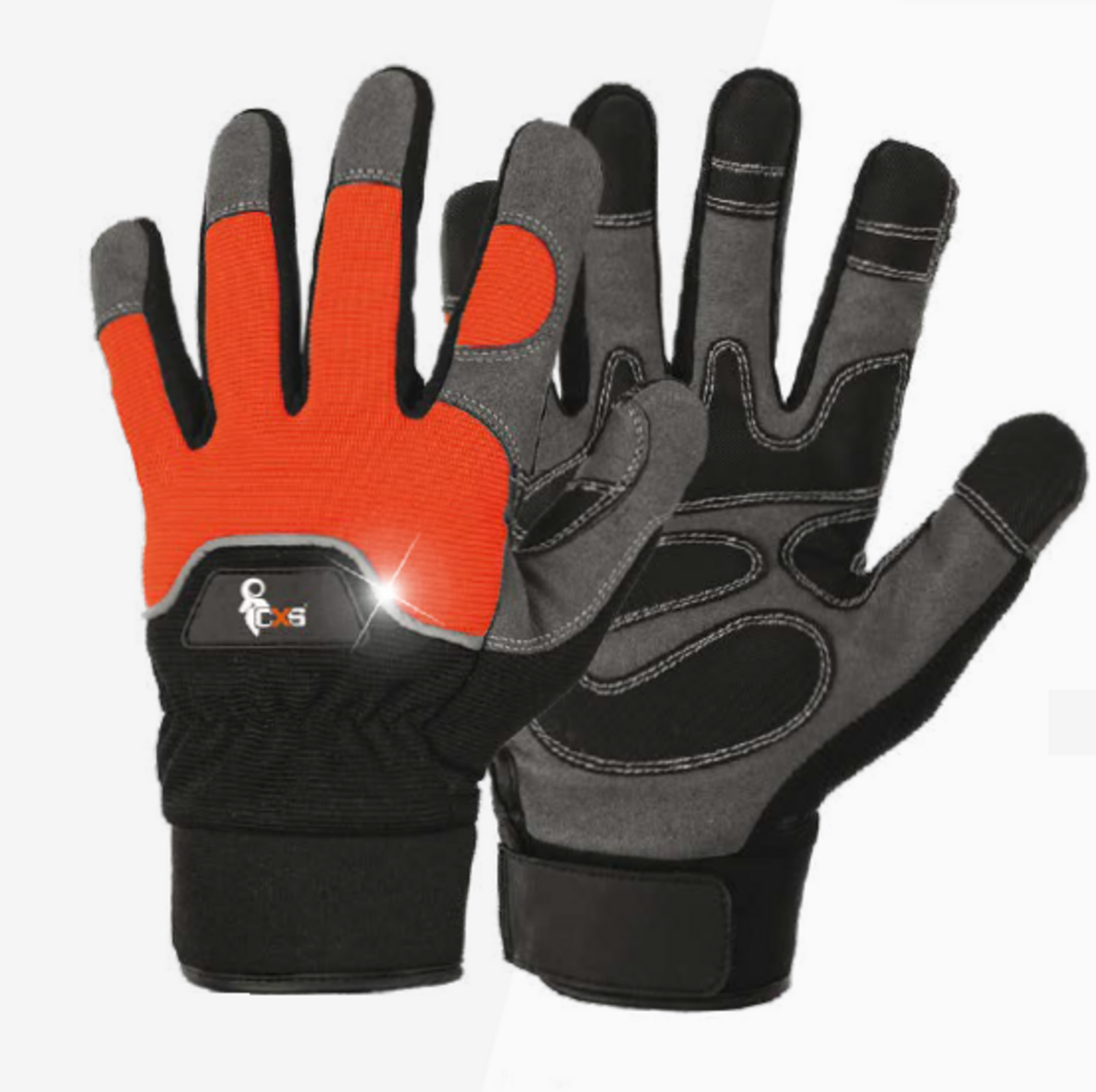Kombinované pracovné rukavice CXS Puno s reflexným pásikom - veľkosť: 9/L, farba: čierna/oranžová
