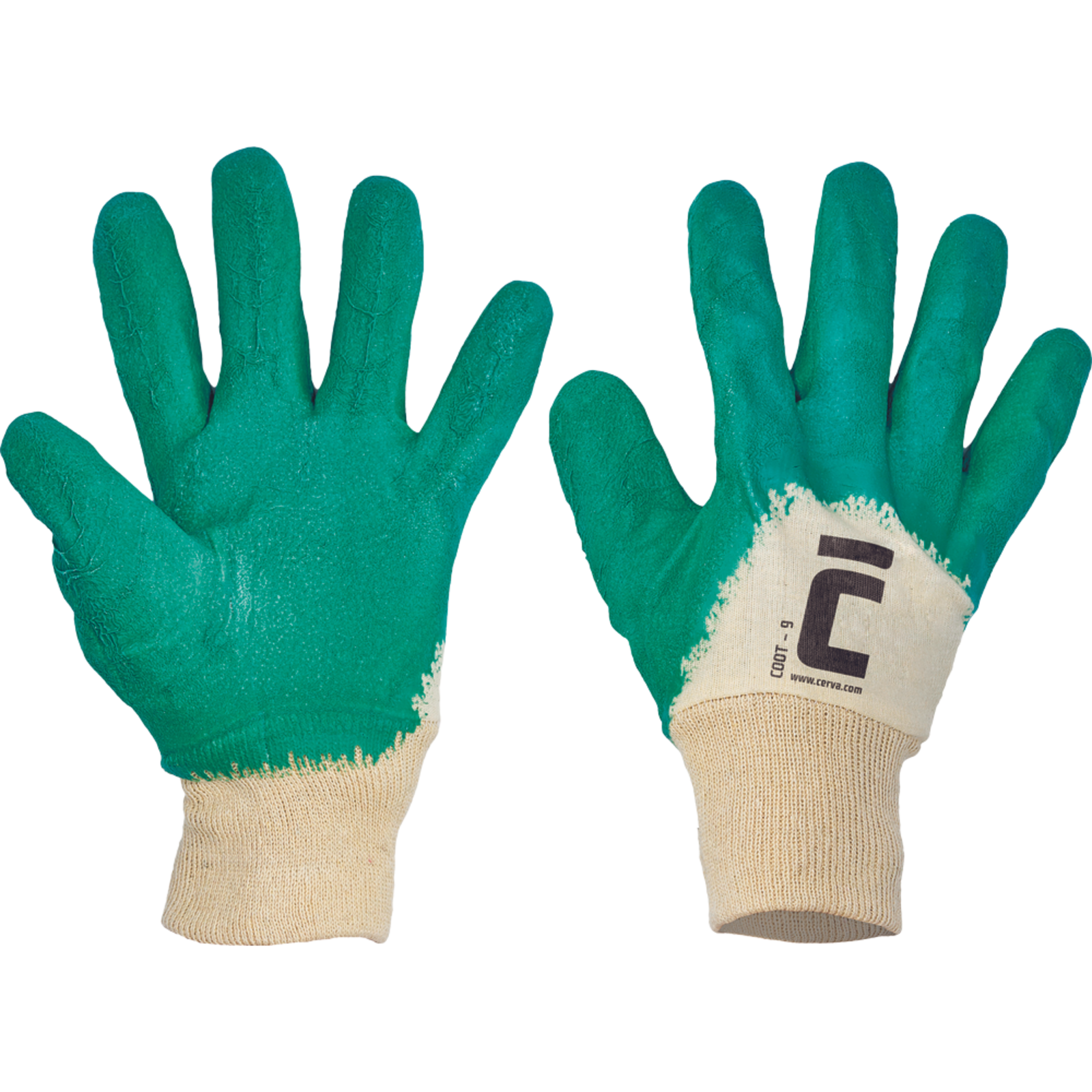 Pracovné rukavice Cerva Coot, mechanické - univerzálne, máčané latex - veľkosť: 10/XL, farba: zelená/biela