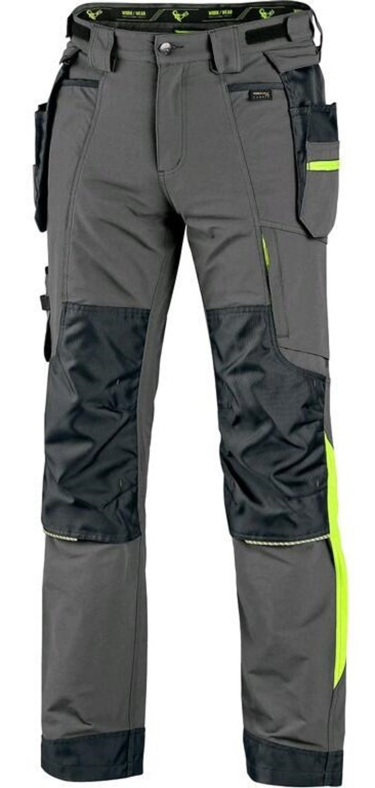 Montérkové nohavice CXS Naos s reflexnými doplnkami - veľkosť: 54, farba: sivá/HV žltá