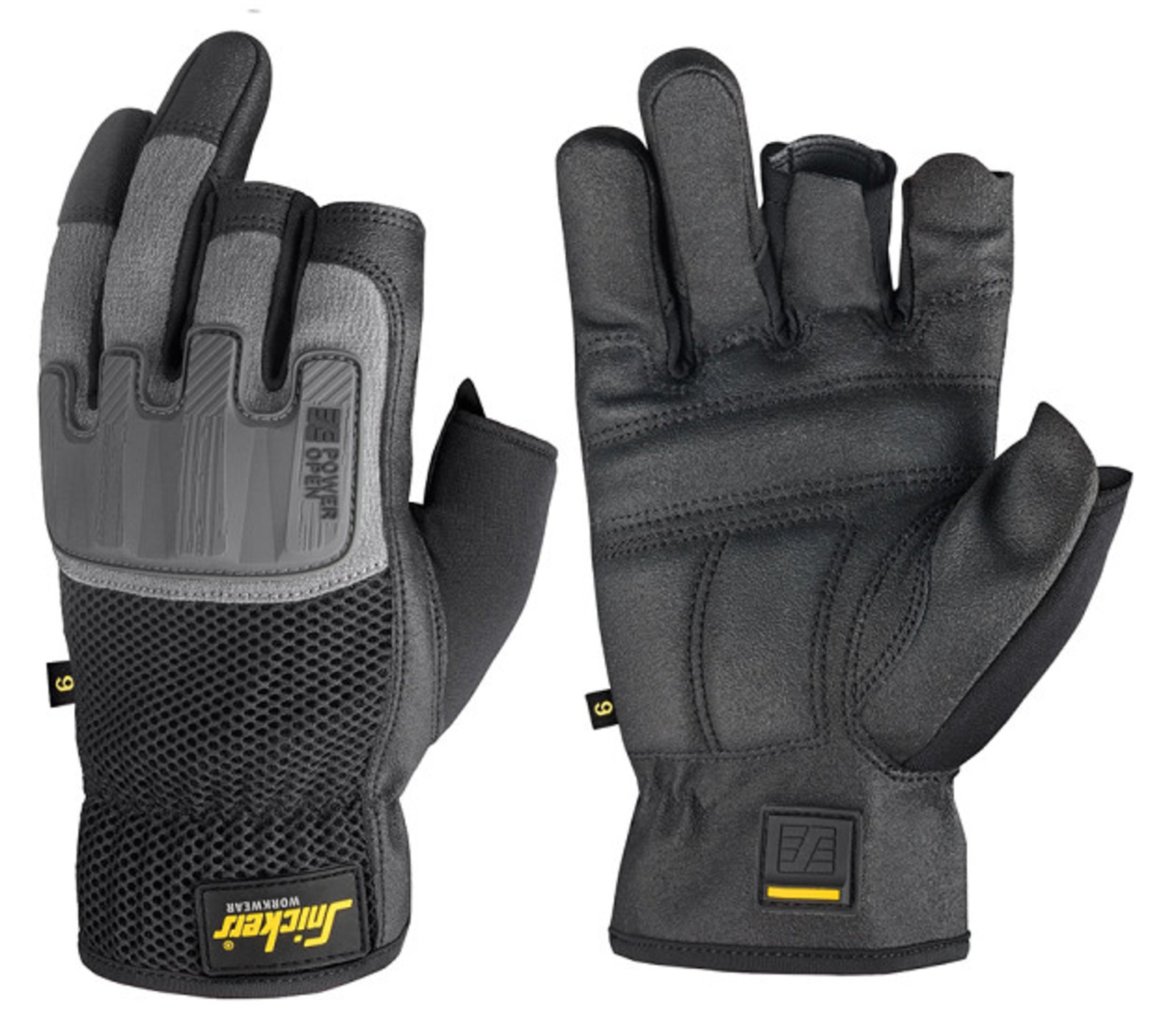 Ochranné rukavice Snickers® Power Open bez prstov - veľkosť: 12/XXXL, farba: sivá/čierna