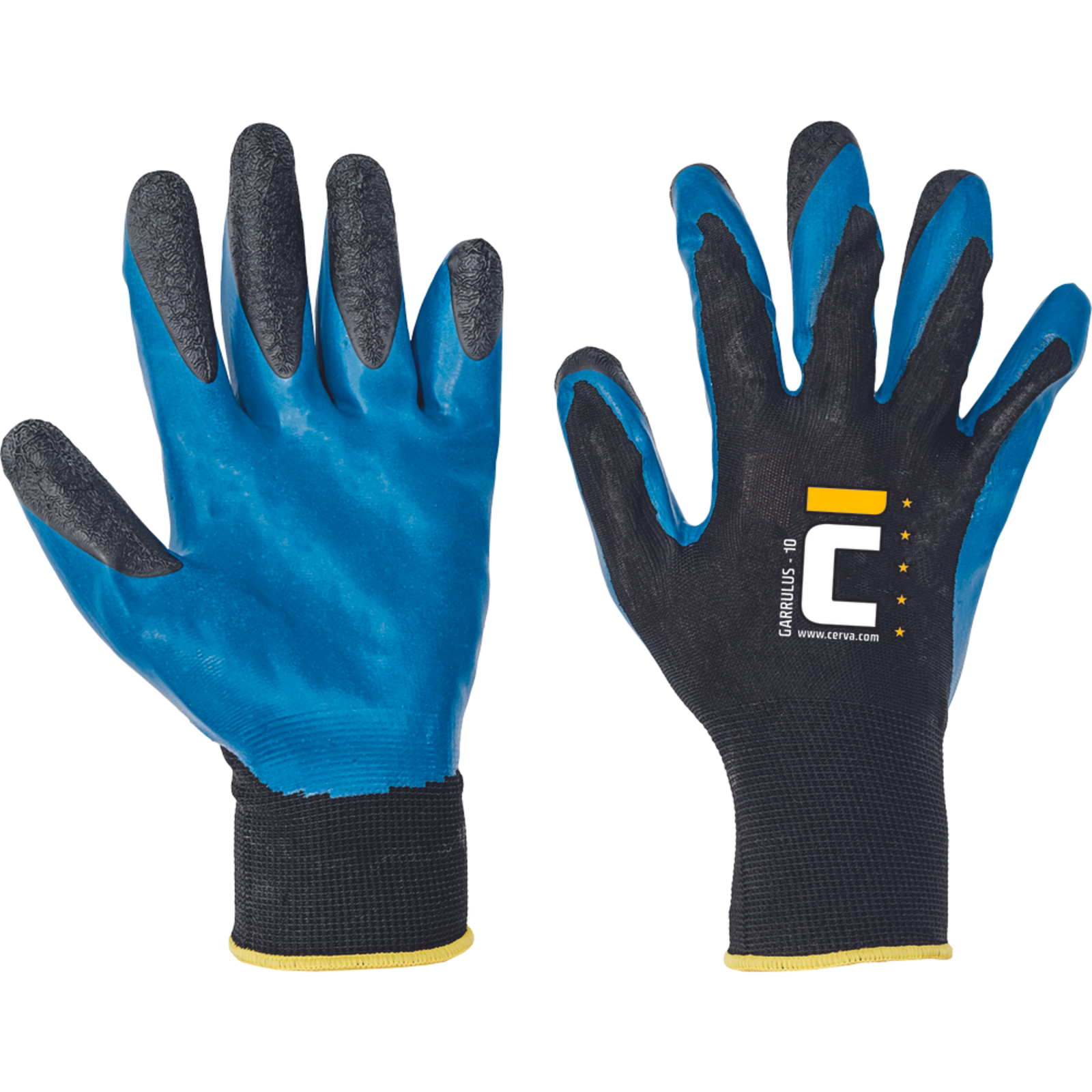Pracovné rukavice Cerva Garrulus, mechanické - univerzálne, máčané latex - veľkosť: 10/XL, farba: modrá/čierna