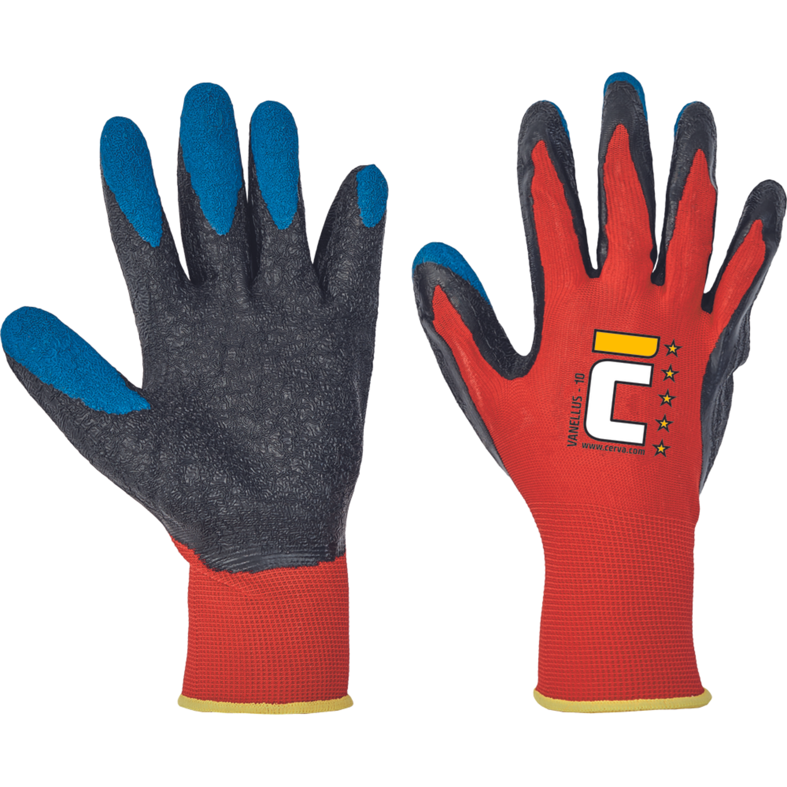 Pracovné rukavice Cerva Vanellus, mechanické - univerzálne, máčané latex - veľkosť: 9/L, farba: červená/čierna