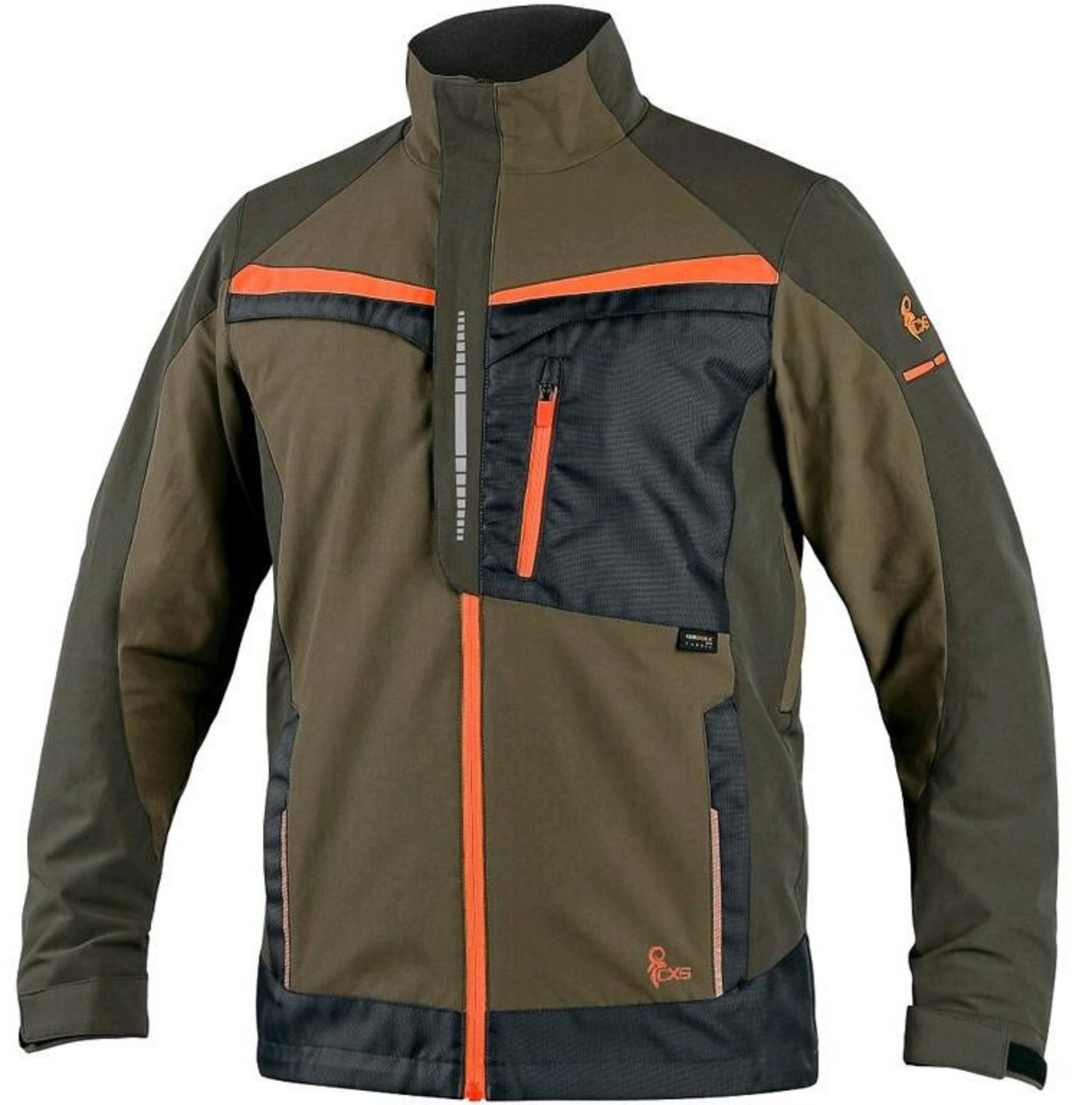 Strečová montérková bunda CXS Naos s reflexnými doplnkami - veľkosť: 52, farba: khaki/oranžová