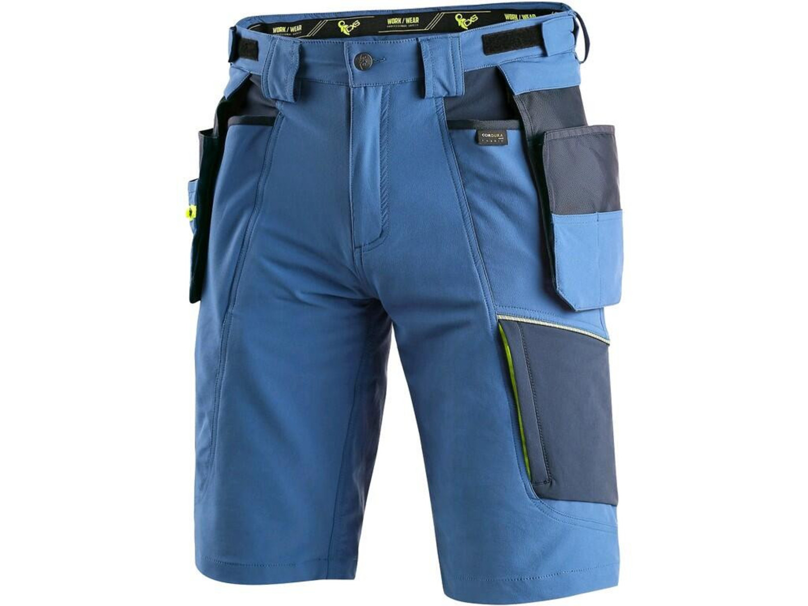 Strečové montérkové šortky CXS Naos s reflexnými doplnkami - veľkosť: 56, farba: modrá/HV žltá